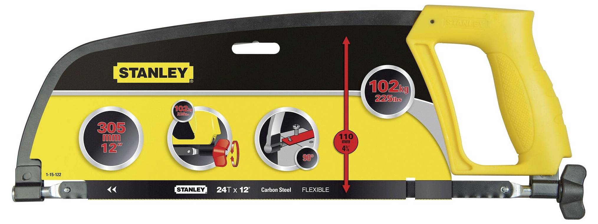 Bügelsäge von Stanley mit gelbem Griff. Zeigt Details wie Sägeblattgröße 306 mm (12 Zoll) und 24 Zähne pro Zoll.