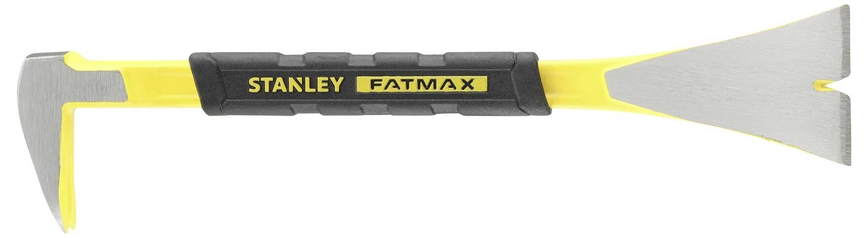 Gelber und schwarzer Stanley FatMax Nagelzieher mit zwei unterschiedlichen Enden: ein gebogenes Ende und ein flaches Ende.