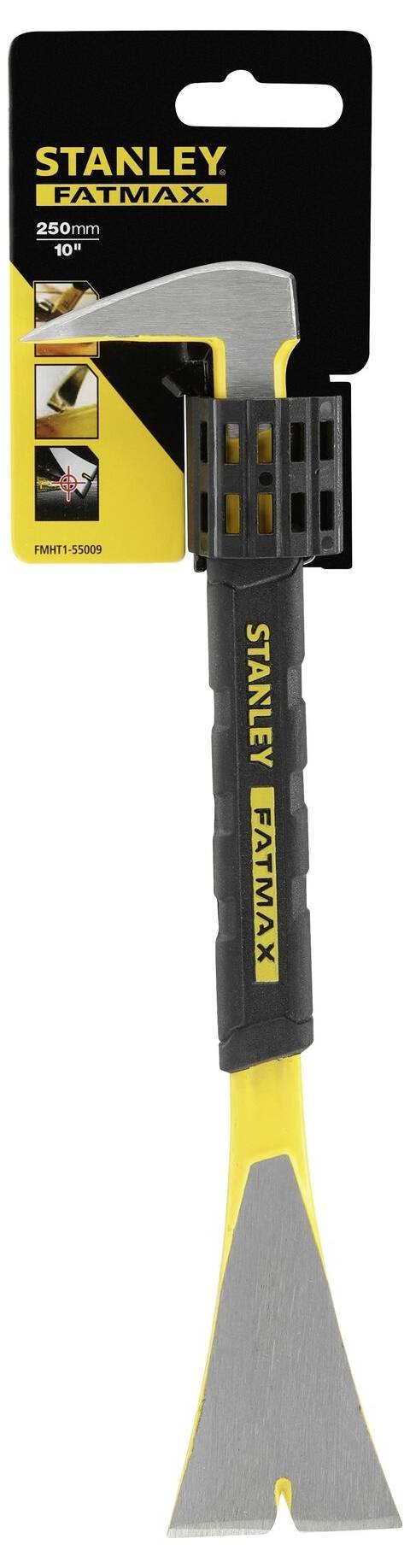Ein Stanley Fatmax Mini-Abbruchhammer mit gelber und schwarzer Farbgebung, auf schwarz-gelbem Verkaufskarton. 250 mm lang.