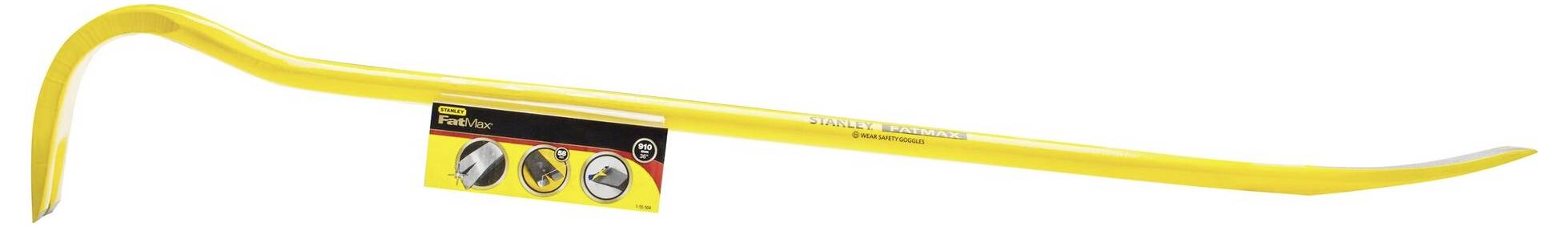 Ein gelber Brecheisen mit gebogenem Ende und flacher Spitze. Ein Etikett zeigt die Einsatzmöglichkeiten. Antirutsch-Griff für besseren Halt.