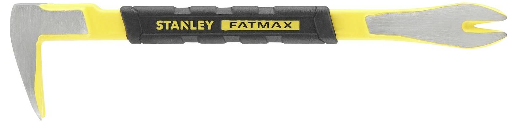 Brecheisen mit gelbem Griff und schwarzem Gummiüberzug, Markenname 'Stanley Fatmax', hat ein spitzes Ende und ein flaches Ende.