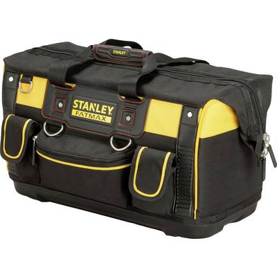 Eine schwarze und gelbe Werkzeugtasche mit mehreren Fächern und einem Reißverschluss. Sie trägt das Logo 'Stanley Fatmax'.