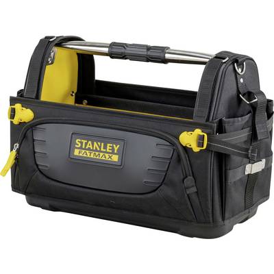 Schwarze Werkzeugtasche mit Metallgriff, gelben Akzenten und "Stanley Fatmax"-Logo vorne; seitliche Taschen für zusätzlichen Stauraum.