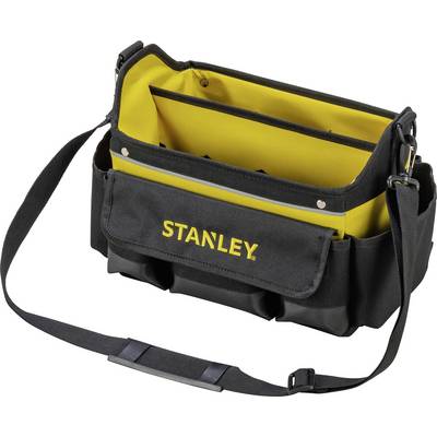 Eine offene schwarze Stoffwerkzeugtasche mit gelbem Innenfutter und mehreren Fächern. Auf der Außenseite steht 'Stanley'.