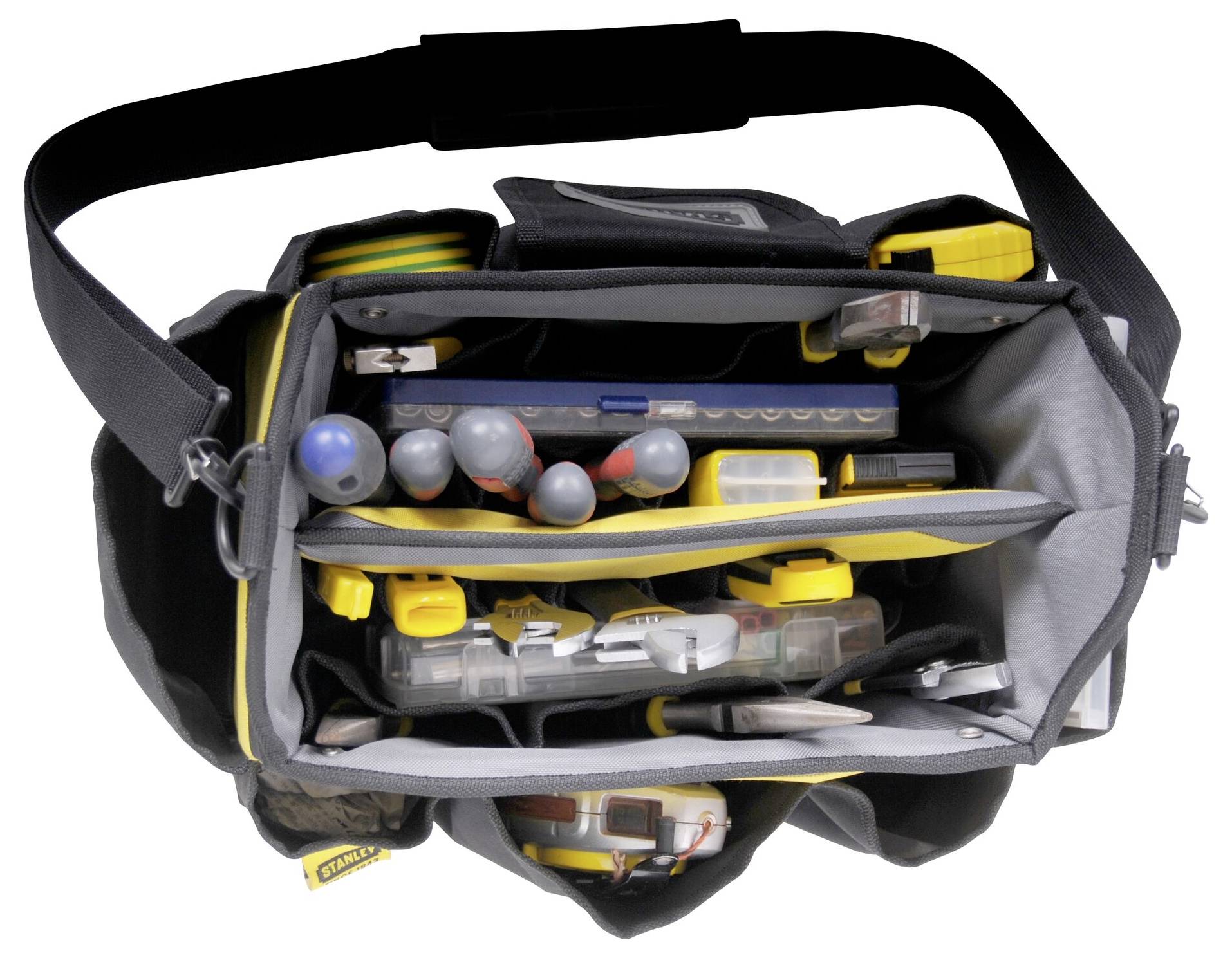 Eine geöffnete Werkzeugtasche mit verschiedenen Handwerkzeugen und Utensilien, gut geordnet in mehreren Fächern.