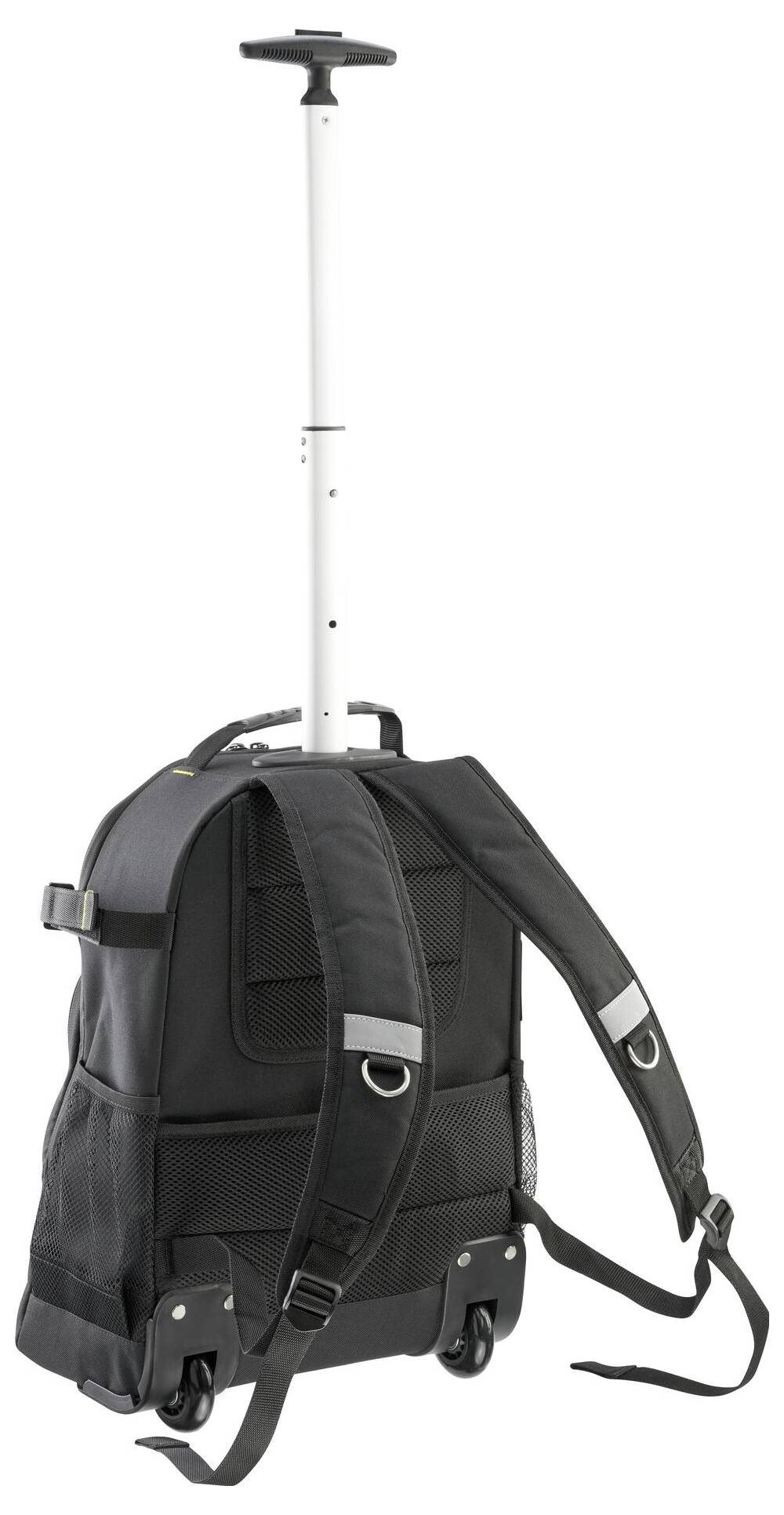 Ein schwarzer Rucksack mit Rollen und ausziehbarem Griff. Er hat zwei verstellbare Schultergurte und eignet sich für Reisen oder Schule.