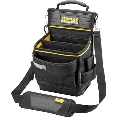Eine schwarze Stanley FatMax Werkzeugtasche mit gelbem Rand, mehreren Fächern und einem Schulterriemen für Werkzeuge.