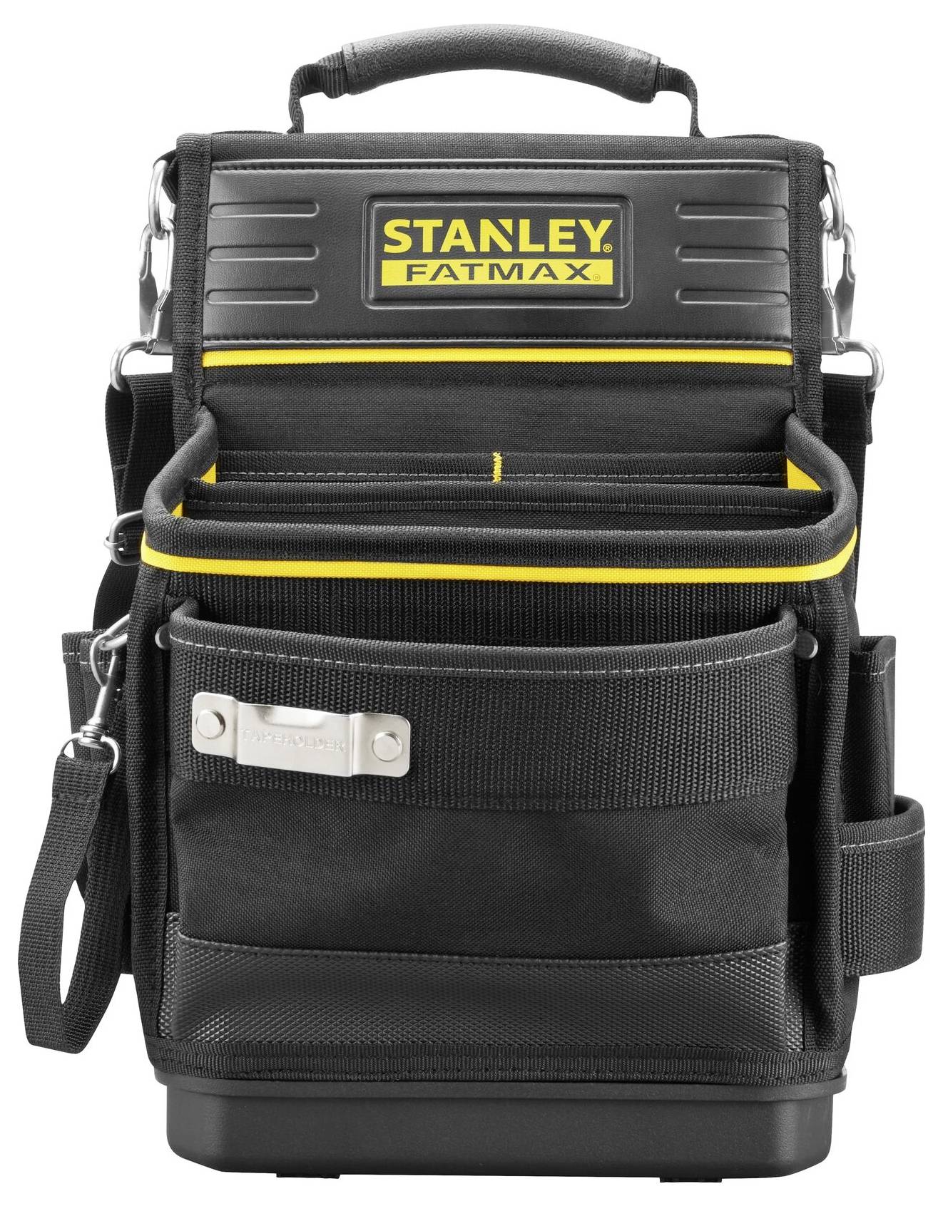 Schwarze Werkzeugtasche von Stanley FatMax mit mehreren Fächern und gelben Details, geeignet zum Transport von Werkzeugen.
