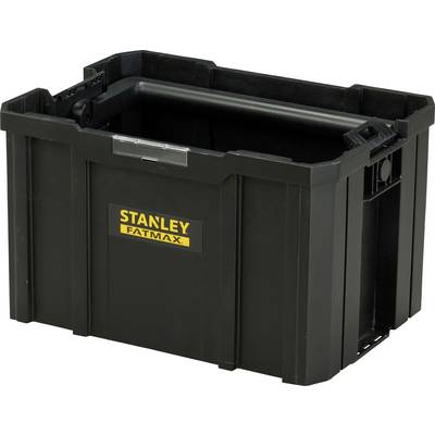 Schwarze Werkzeugkiste mit gelbem Label 'Stanley Fatmax'. Rechteckige Form, robustes Design. Ideal für Transport und Aufbewahrung von Werkzeugen.
