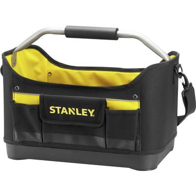 Schwarze und gelbe Werkzeugtasche mit silbernem Griff und mehreren Fächern. Aufschrift 'STANLEY' auf der Vorderseite.