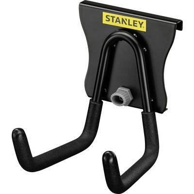 Schwarzer Wandhalter mit zwei Haken zur Aufbewahrung, mit 'Stanley'-Logo oben. Ideal für Werkzeuge oder Fahrräder.