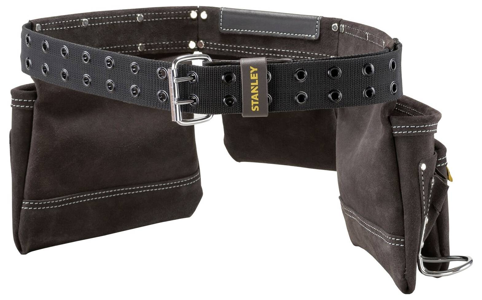 Ein Werkzeuggürtel aus schwarzem Leder mit mehreren Taschen und einer Metallschnalle, für Handwerksarbeiten geeignet.