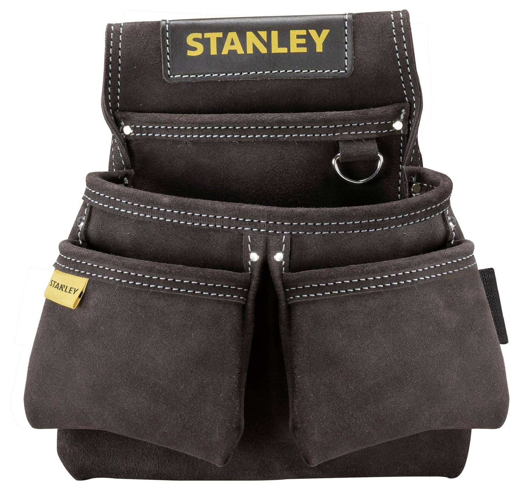 Werkzeuggürtel aus braunem Leder mit mehreren Fächern, mit der Aufschrift 'Stanley' auf einem Etikett oben.