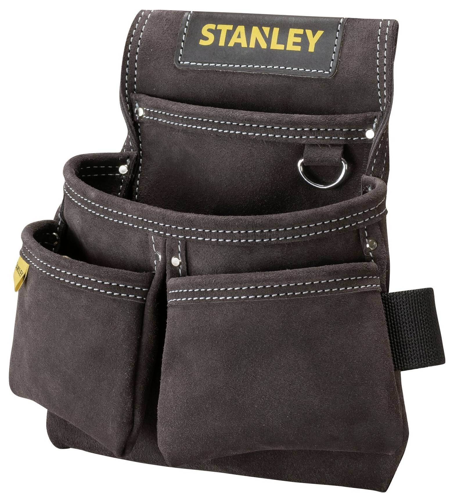 Ein schwarzes Werkzeug-Gürteltasche von Stanley mit mehreren Fächern für Werkzeuge und Zubehör.