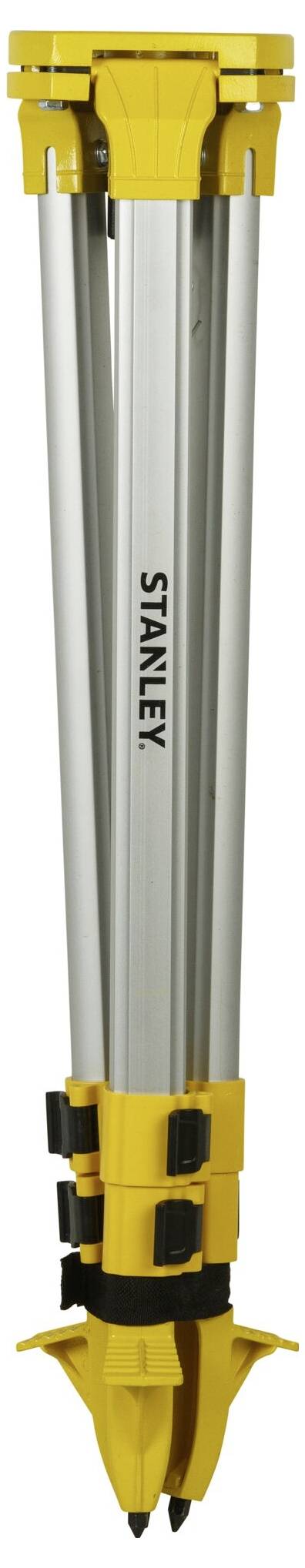 Gelbes und silbernes Stativ mit drei Beinen, zusammengeklappt, mit schwarzem Schriftzug 'Stanley' auf der Seite, geeignet für Vermessungsarbeiten.