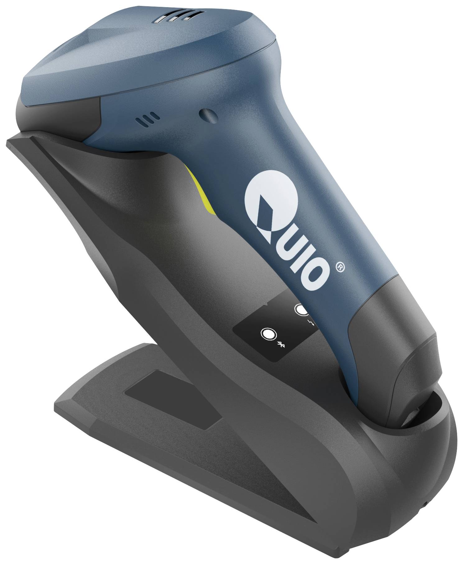 Handscanner in einer Ladestation, blaues Gehäuse mit Markenlogo.