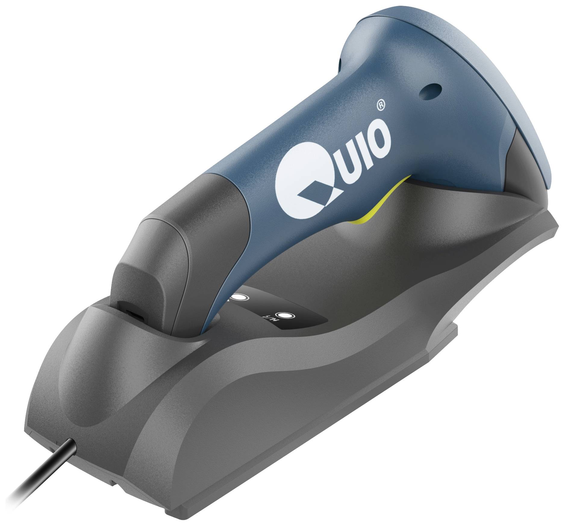 Ein blauer Handscanner mit schwarzer Basis. Der Scanner befindet sich in einer Ladestation und ist mit einem Kabel verbunden.