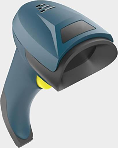 Ein blau-schwarzer Handscanner mit gelbem Knopf, geeignet zum Lesen von Barcodes auf Produkten in einer Verkaufsumgebung.