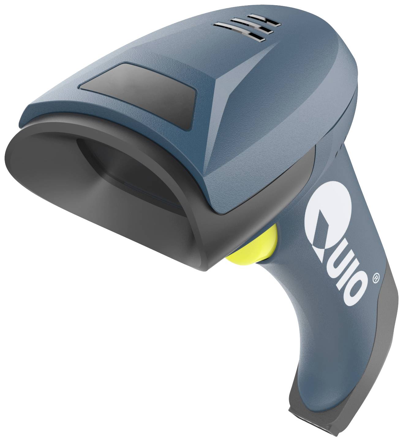 Ein grauer Handscanner mit gelben Knopf und Aufschrift 'Quio', geeignet für Barcode-Scans in Einzelhandel oder Logistik.