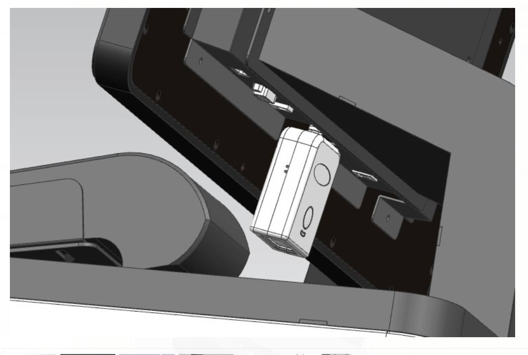 Ein technisches Diagramm zeigt ein ineinandergreifendes mechanisches System mit mehreren rechteckigen Komponenten in Schwarz-Grau-Tönen.