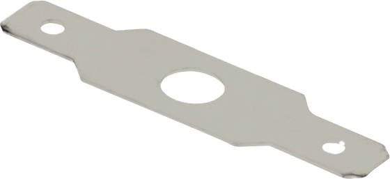 Eine flache, metallische Halterung mit einem großen zentralen Loch und zwei kleineren Löchern an den Enden, die zum Befestigen oder Montieren von Objekten verwendet wird.