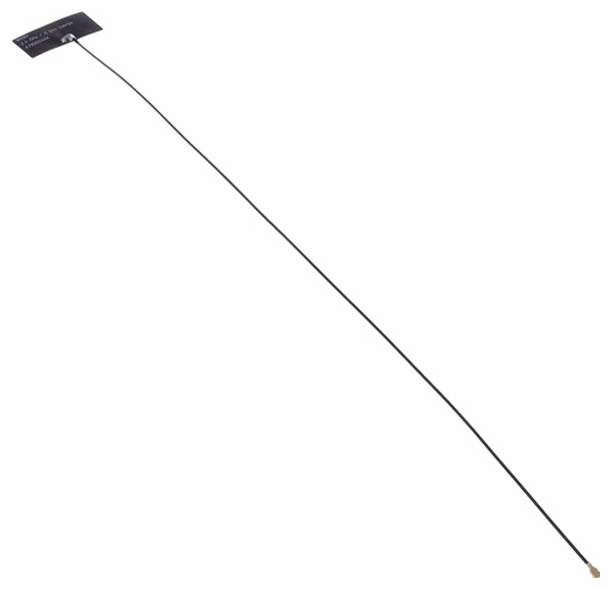 Ein langer schwarzer Draht mit einem kleinen rechteckigen Bauteil an einem Ende, das einer Antenne ähnelt, die in elektronischen Geräten verwendet wird.