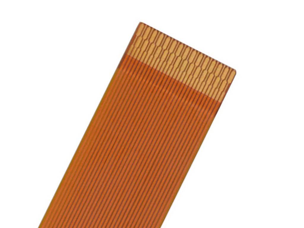 Ein flexibles Flachbandkabel in braun-orange, diagonale Ansicht. Oft genutzt in Elektronik für enge Platzverhältnisse und Verbindungen.