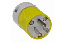 Ein gelber dreipoliger Elektrostecker mit Metallkontakten, geeignet für industrielle Anwendungen.