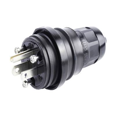 Schwarzer, zylindrischer elektrischer Stecker mit Metallstiften und Schutzabdeckung, geeignet für industrielle Anwendungen.
