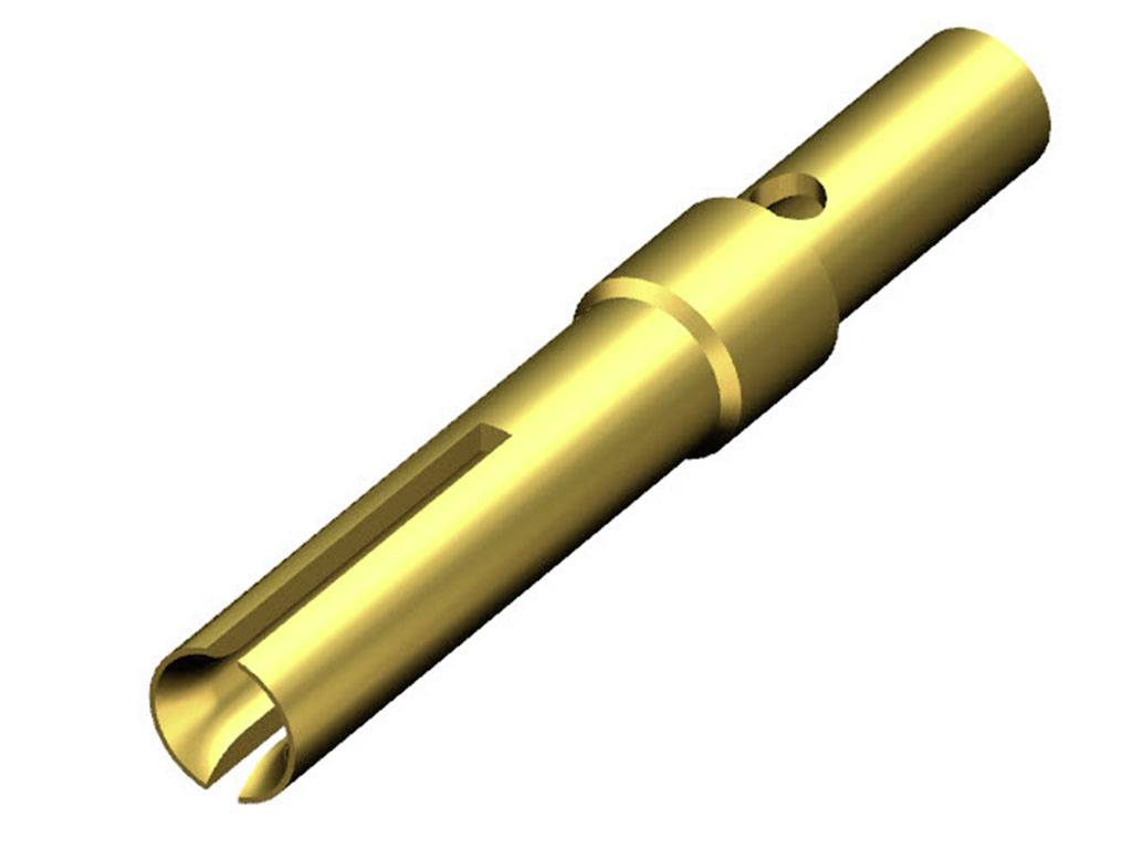 Goldener elektrischer Steckverbinder mit zylindrischer Form und einem länglichen Schlitz, geeignet für elektronische Komponenten.