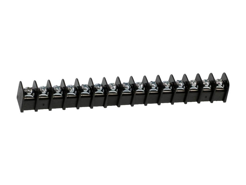 Eine schwarze Klemmleiste mit 12 Anschlussklemmen, die zur elektrischen Verbindung in Schaltkreisen verwendet wird.