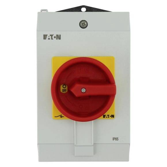 Ein roter Hauptschalter mit gelber Umrandung auf einem grauen Schaltkasten. Aufschrift: 'OFF'. Hersteller: Eaton. Schutzart IP65.