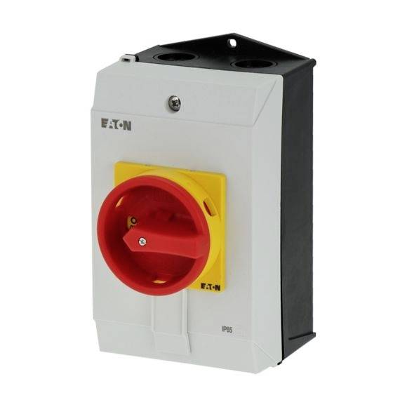 Dreiphasiger Lasttrennschalter in einem grauen Gehäuse mit rotem Drehknopf, beschriftet mit 'EATON', IP65-Schutzart, für elektrische Sicherheit.