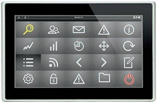 Ein Touchscreen-Display zeigt 20 verschiedene Icons, darunter Lupe, E-Mail, Warnzeichen und Ausschaltknopf.