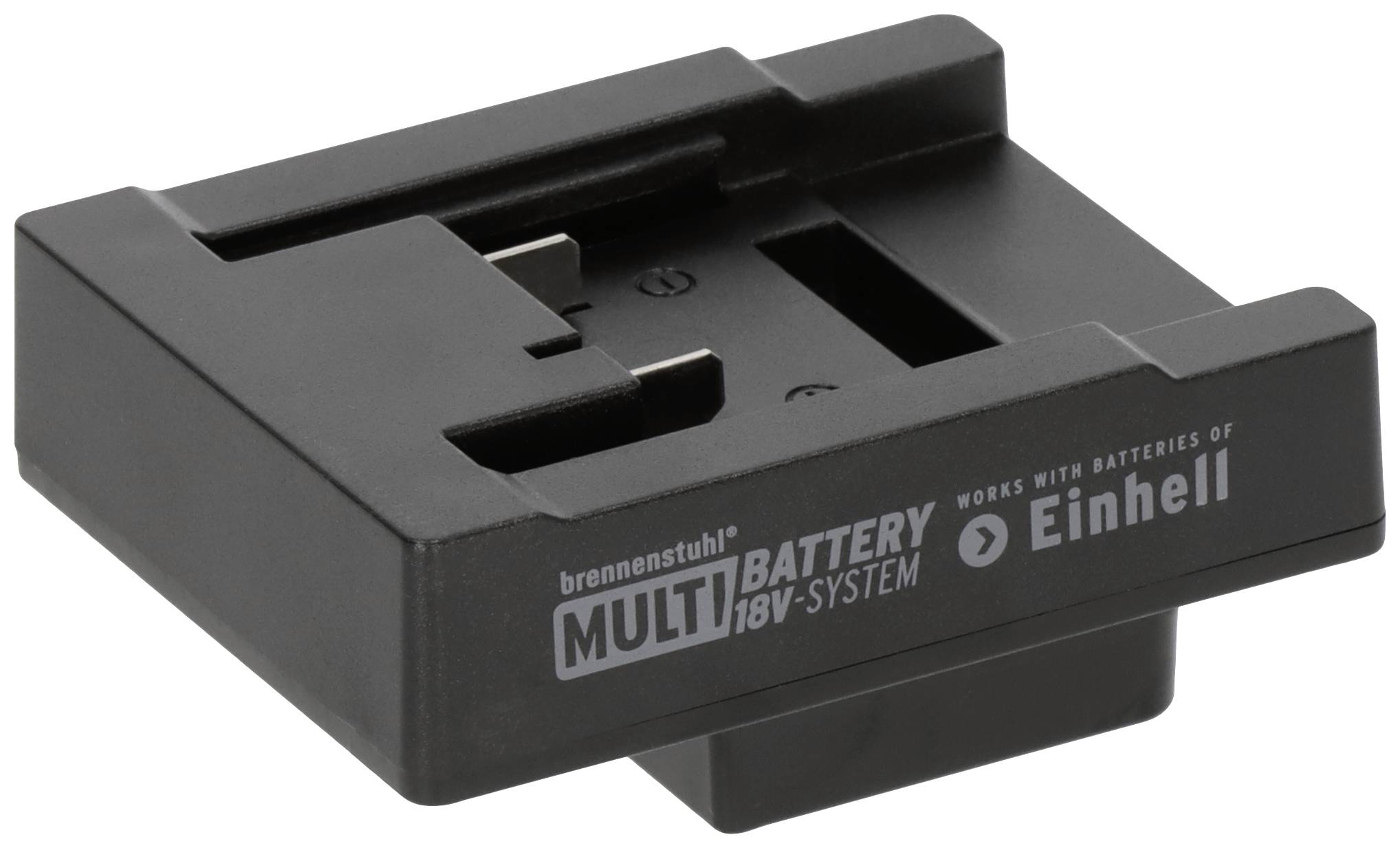 Schwarzer Adapter für Einhell-18V-Akkus im Multi-Battery-System von Brennenstuhl. Kompatibilitätsaufschrift ersichtlich.
