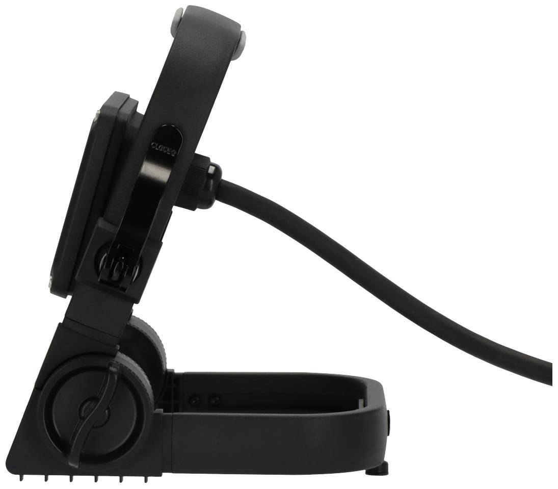 Ein klappbarer, schwarzer Smartphone-Halter mit Kabel, seitlich dargestellt. Ideal zur stabilen Aufbewahrung und Ladefunktion.