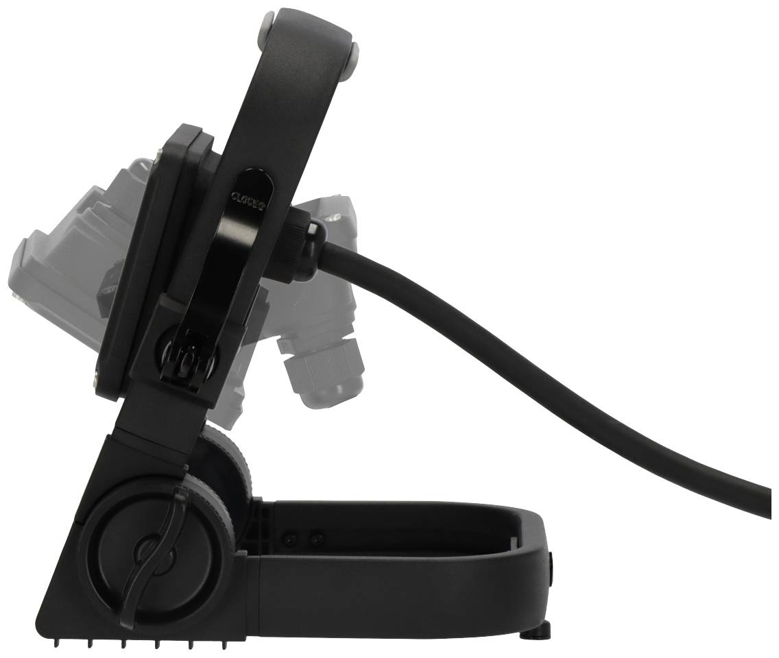 Ein Schwenkmechanismus im Profil zeigt eine Armhalterung mit verstellbarem Winkel, geeignet zur flexiblen Positionierung eines Geräts.