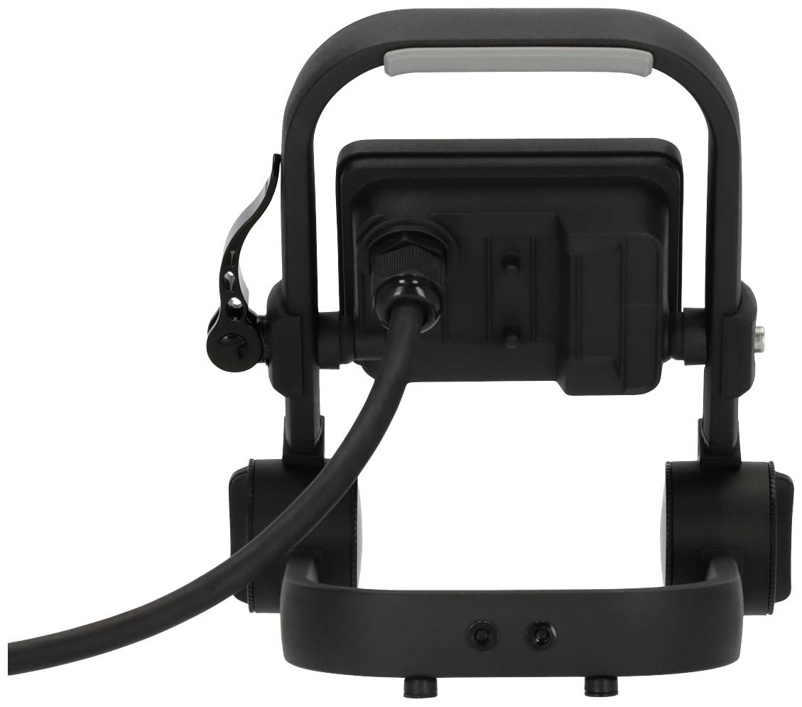 Ein schwarzer LED-Strahler von hinten, mit einem Kabel, das aus der Rückseite herausführt. Der Strahler hat einen Griff oben.