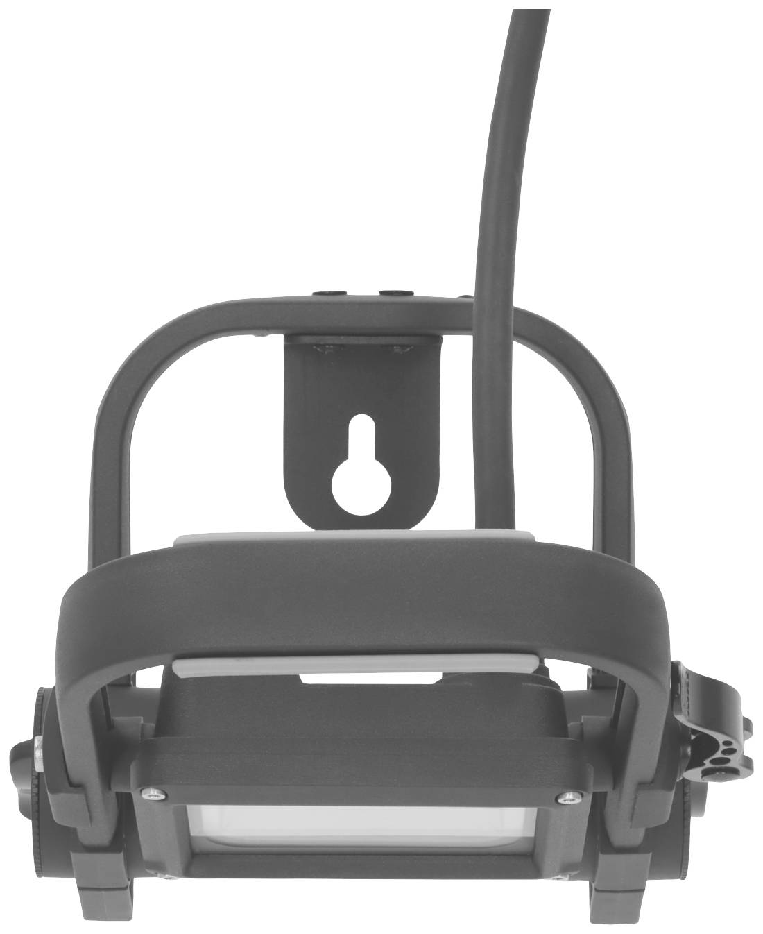 Ein schwarzer LED-Strahler von hinten, montiert an einer Halterung, mit einem sichtbaren Kabel oben.