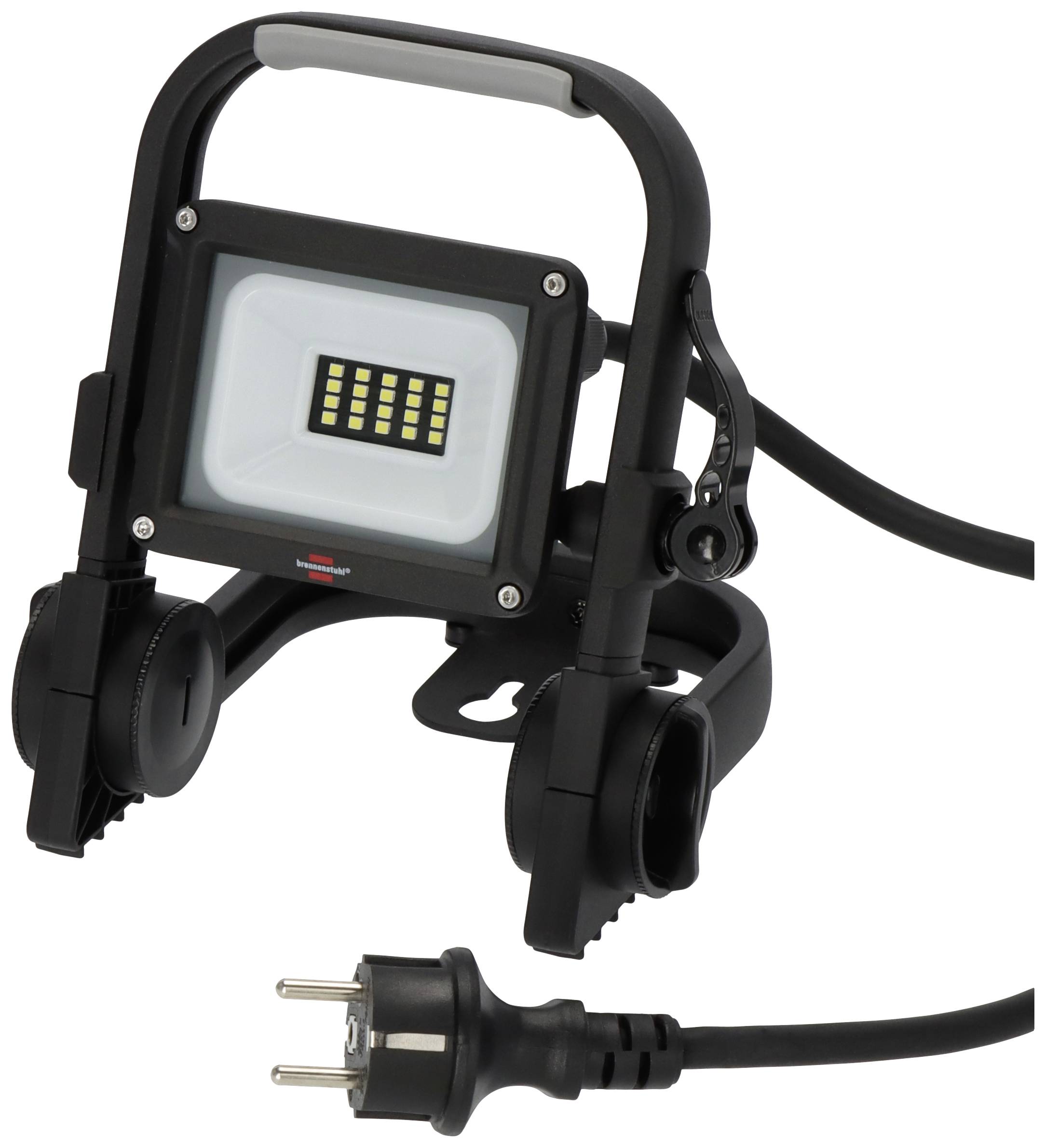 Ein tragbarer LED-Baustrahler mit einem schwarzen Rahmen und Kabel, geeignet für den Einsatz auf Baustellen oder in Werkstätten.