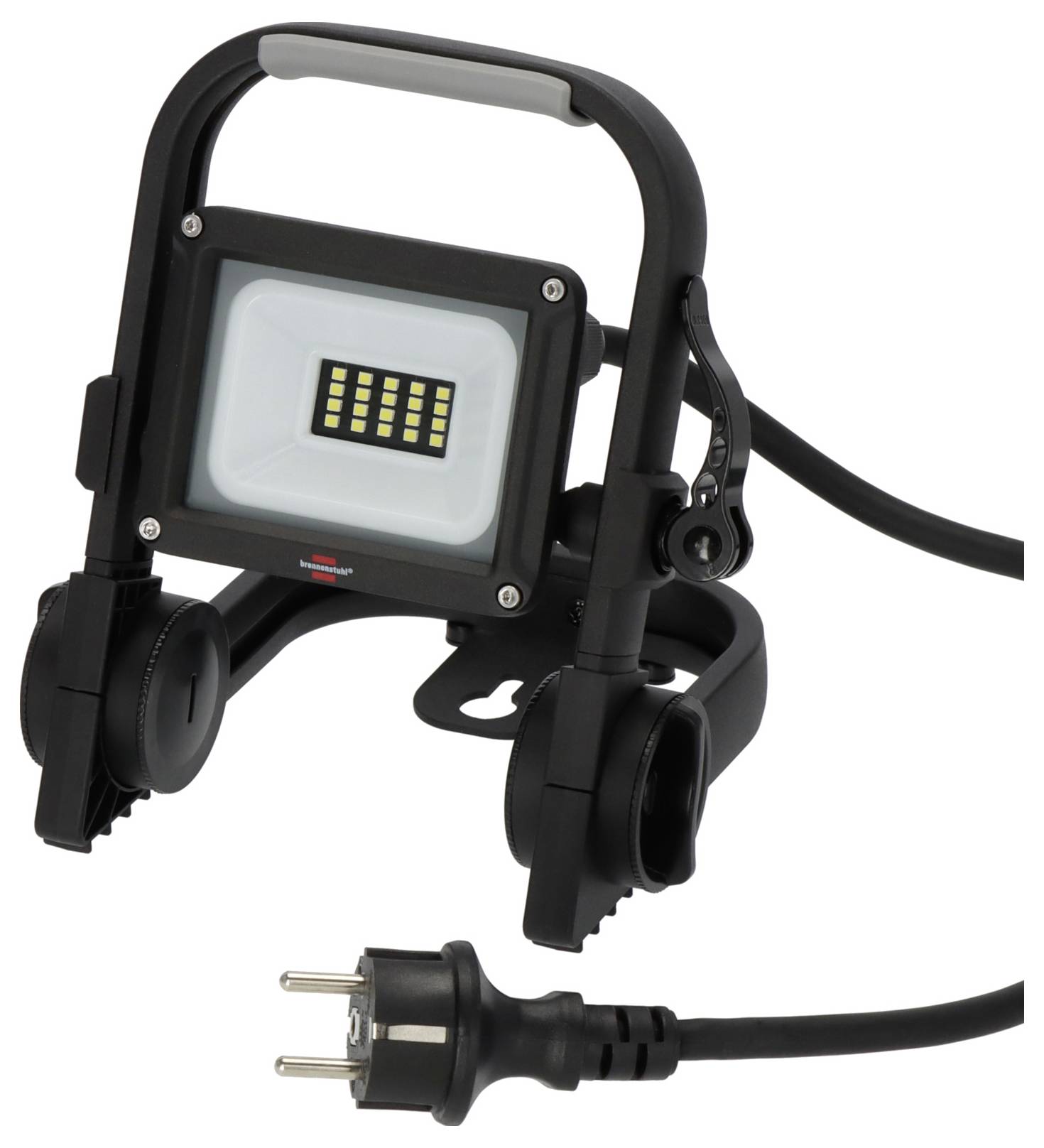 Tragbare schwarze LED-Arbeitsleuchte mit verstellbarem Ständer und angeschlossenem Stromkabel und Stecker auf weißem Hintergrund.