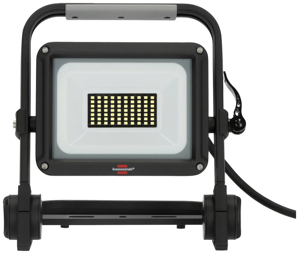 Ein schwarzer LED-Strahler mit rechteckigem Design, vielen leuchtenden LEDs, verstellbarem Stativ und einem Stromkabel.