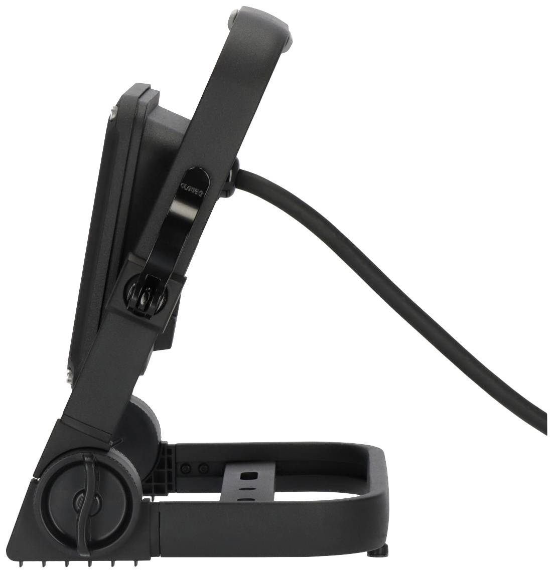 Seitliche Ansicht eines klappbaren elektronischen Geräts mit Kabel, präsentiert auf einer Halterung. Ideal für mobilen Einsatz.