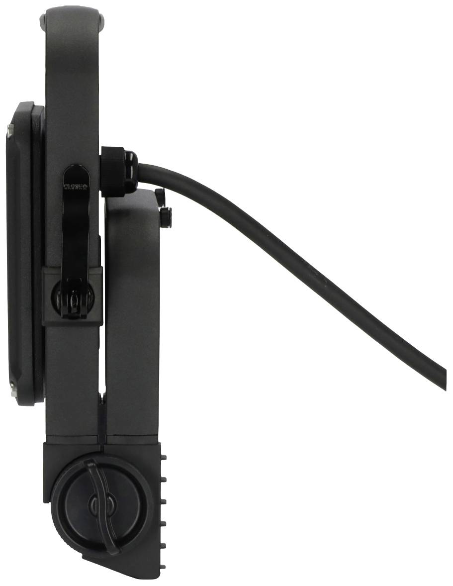 'Seitenansicht einer schwarzen LED-Leuchte mit Kabelverbindung und Montagehalterungen.'