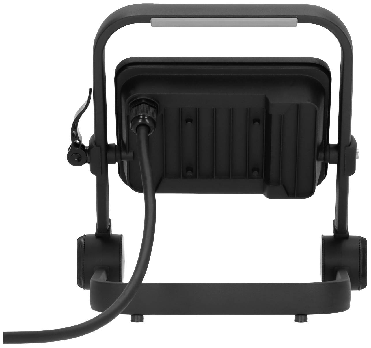 Ein schwarzer LED-Strahler von hinten gesehen, mit Befestigungshalterung und Kabel.