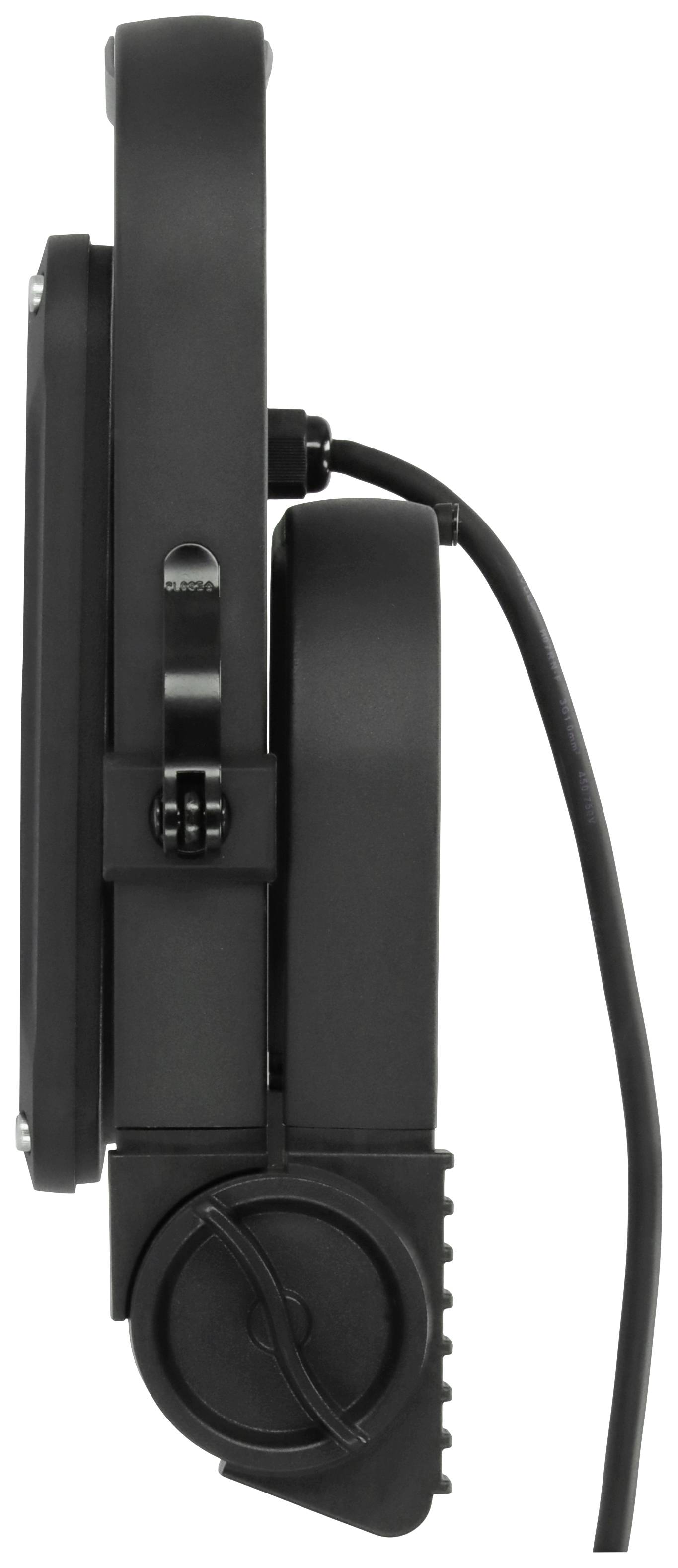 Kompaktes, rechteckiges, schwarzes Gerät in Seitenansicht. Enthält Kabelverbindung und Befestigungsmechanismus.