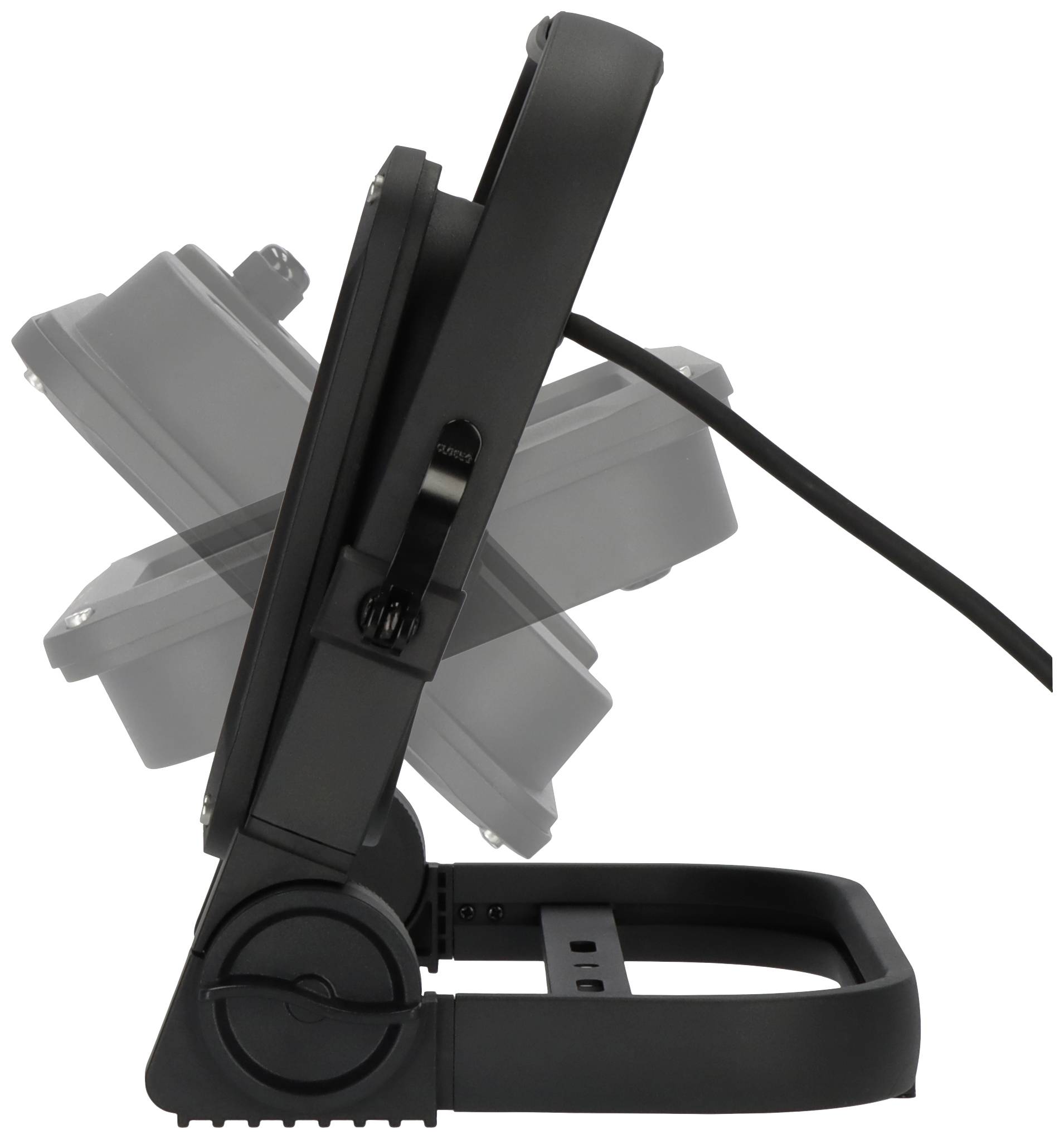 Ein seitliches Bild eines verstellbaren LED-Strahlers. Der Scheinwerfer wird durch ein Scharnier in verschiedene Winkel geneigt.