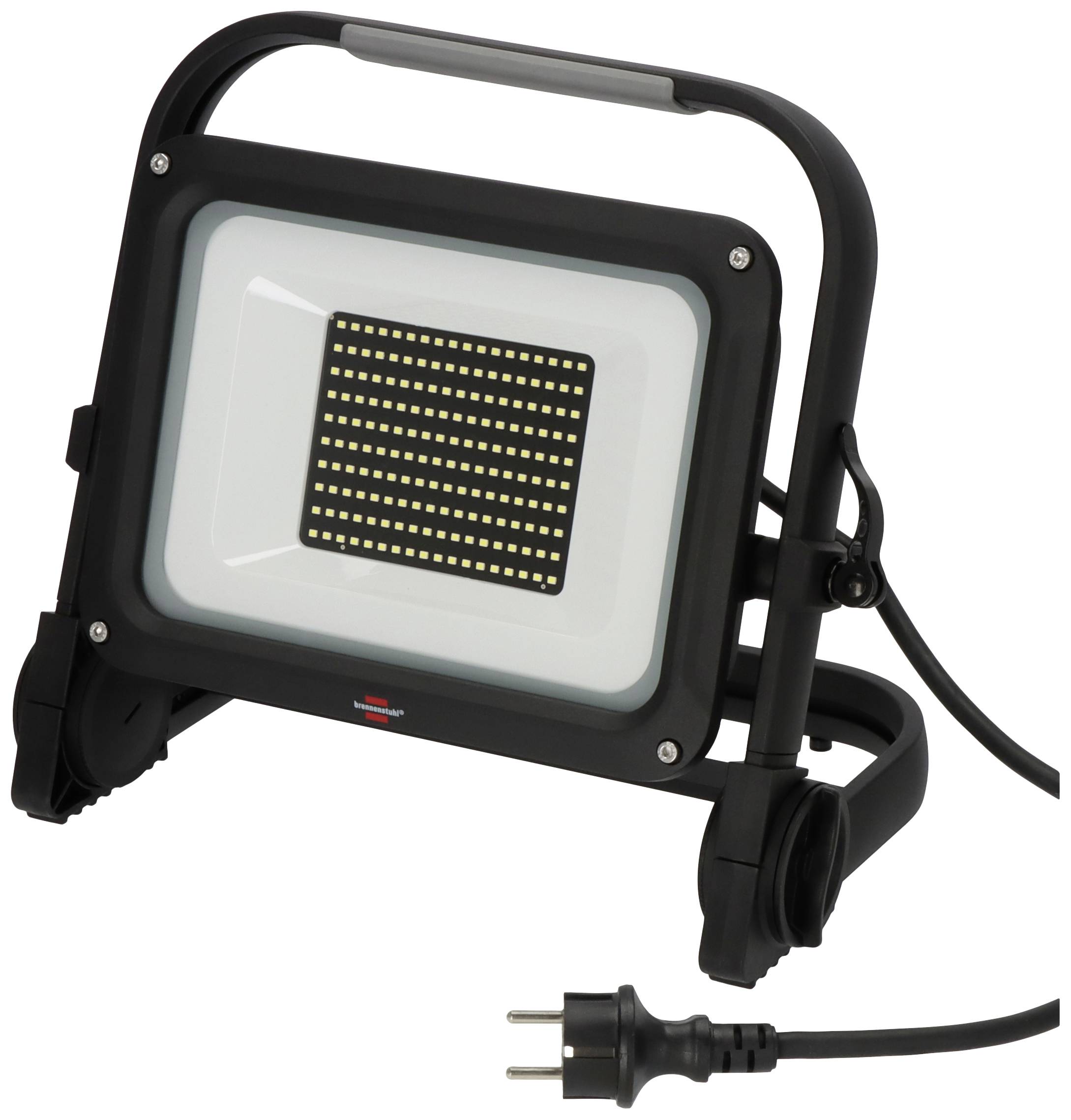 Ein tragbarer LED-Flutlichtstrahler mit rechteckigem Rahmen und vielen kleinen Leuchtdioden auf der Vorderseite. Ein Stromkabel mit Steckdose ist angeschlossen.