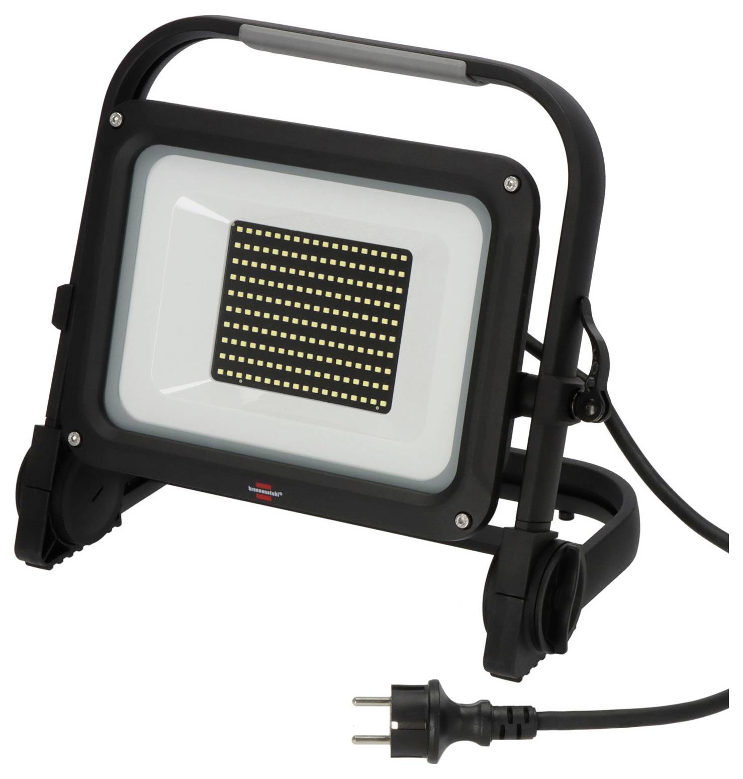 Tragbare schwarze LED-Arbeitsleuchte mit Griff, verstellbarem Ständer und Stromkabel mit Stecker auf weißem Hintergrund.