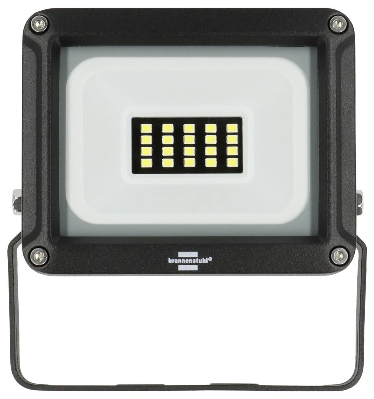 Schwarze LED-Flutlichter mit rechteckigem Gehäuse, nach vorne ausgerichteter Lichtplatte und Metallbracketständer auf weißem Hintergrund.
